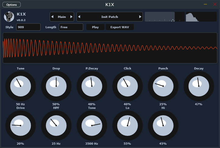 K1X main page: waveform, Style, Length, and kick knobs