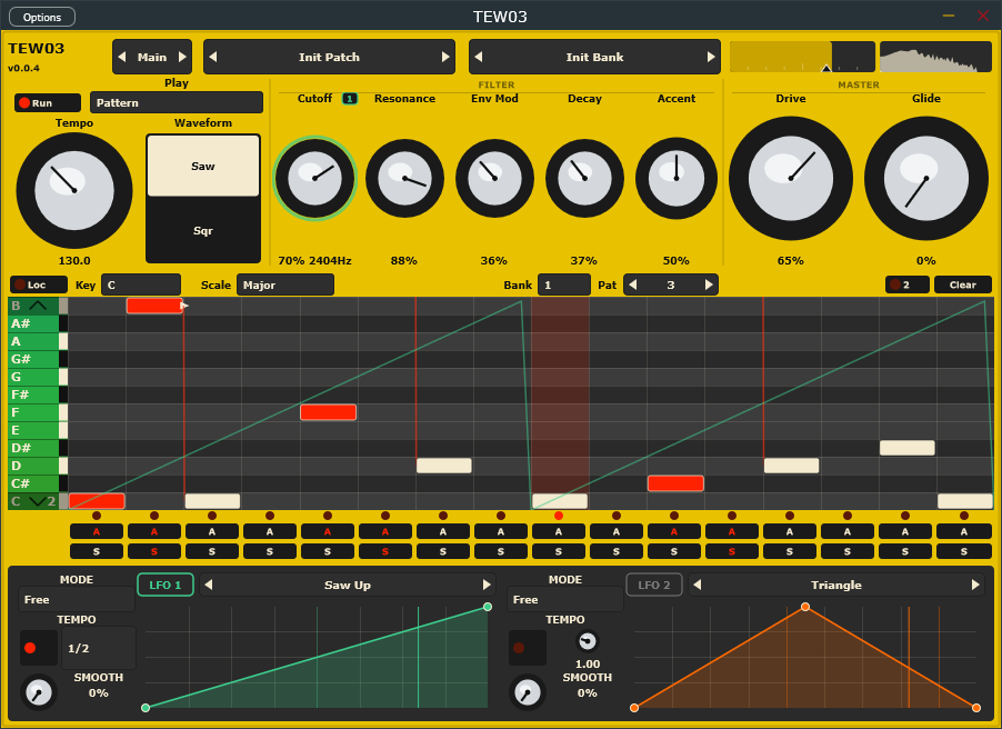 TEW03 main page: synth, sequencer, and LFOs