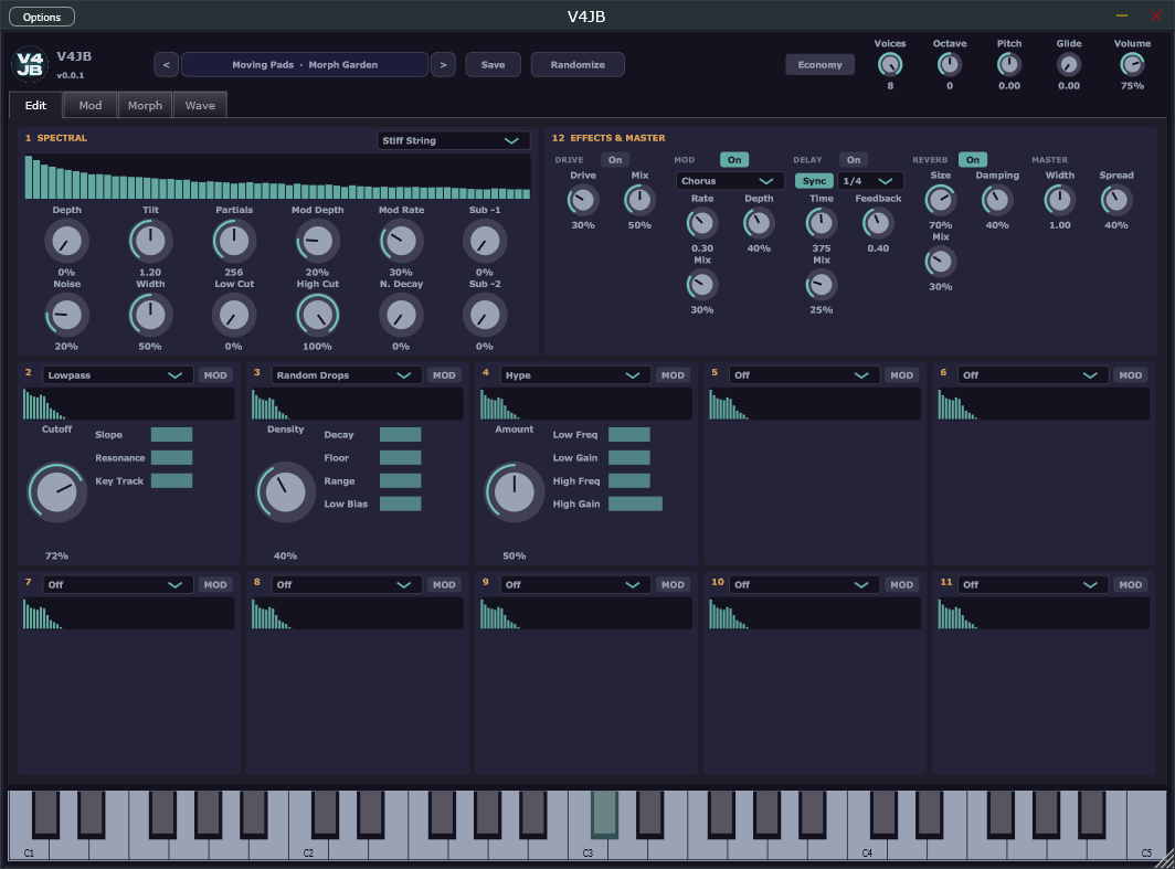 V4JB Edit page: spectral stage, modules, effects, and keys